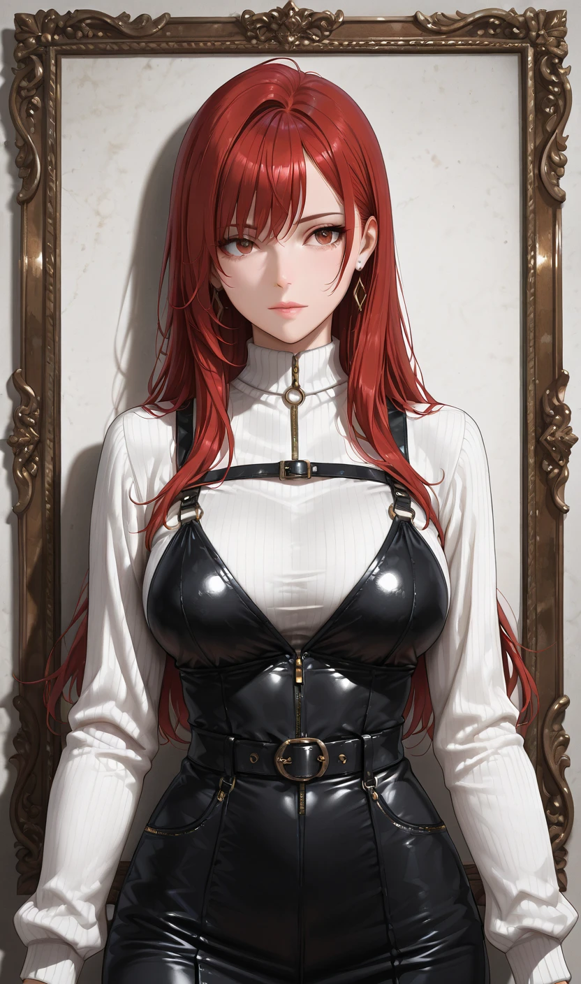 Adult woman, Long red hair, Brown eyes, eyeglasses, red lipstick, large breasts, Black Dense Overall Shape, evil, smirk, fetters, open breasts, Masterpiece, hiquality, 4k, HD, Good detail