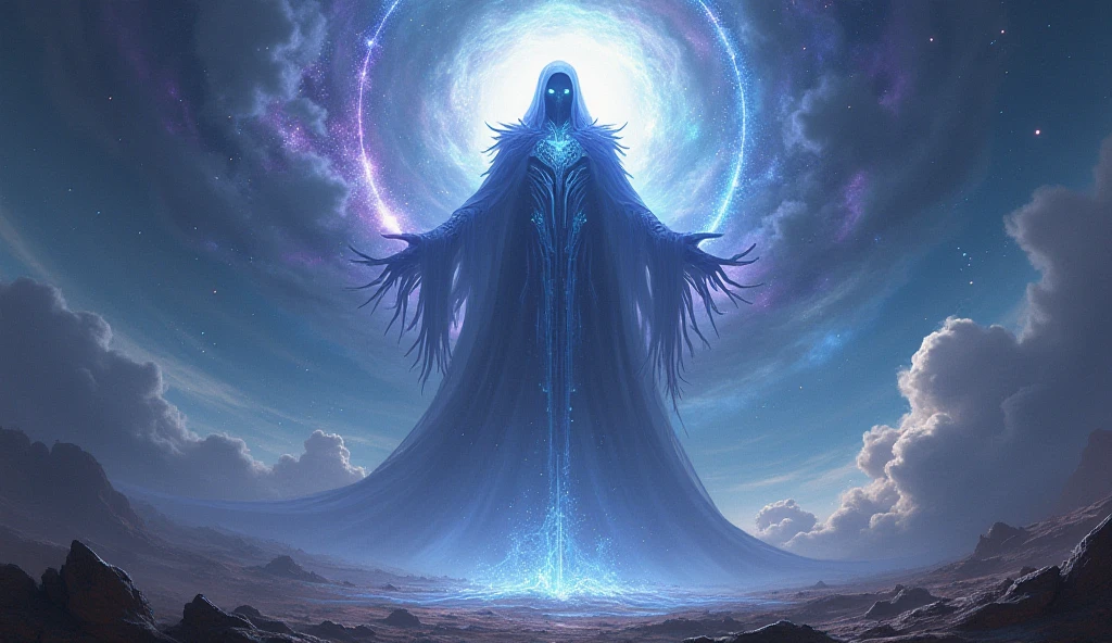 An ethereal moon god at the space, he is floating in front of an lunar eclipse, his hands emanate an dark energy, divine black aura, moon background