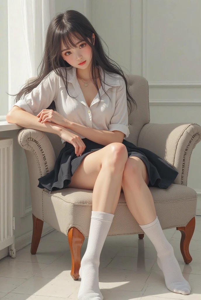 Capture the serene beauty of a 30-year-old woman, (high top fade: 1.3), long hair, dark theme, soothing tones, muted colors, high contrast, (natural skin texture, hyperrealism, soft light, sharp), immersed in the peaceful atmosphere of the library. Soft diffused lighting gently illuminates her features, emphasizing her delicate expression and creating a tranquil atmosphere. Library shelves filled with books provide a background of knowledge and wisdom. It focuses on capturing the natural charm and elegance of the model, maintaining the essence of calm and reflective moments. A lovely 21-year-old Japan gravure model with soft, wavy gray-brown hair adorned with ribbons captivates with a seductive look. She wears a white blouse with ruffles, a blue skirt with ruffles and white ankle socks with ruffles. Sitting on the bed, she hugs her knees while staring at the camera, exuding a melancholic charm. Create a scene where beauty and ephemerality intertwine.