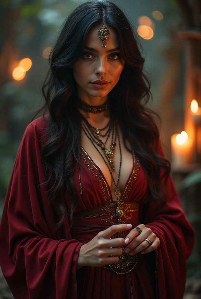 The man has a slender face, a pointed chin, large, fierce eyes, a high nose, dark eyebrows, long hair, pointed ears, thin lips, fangs at the corners of the mouth. Wear a closed-neck shirt. Headed with a necklace decorated with a dragon shape. She wore a black robe embroidered with a gold pattern, a fire pattern. 