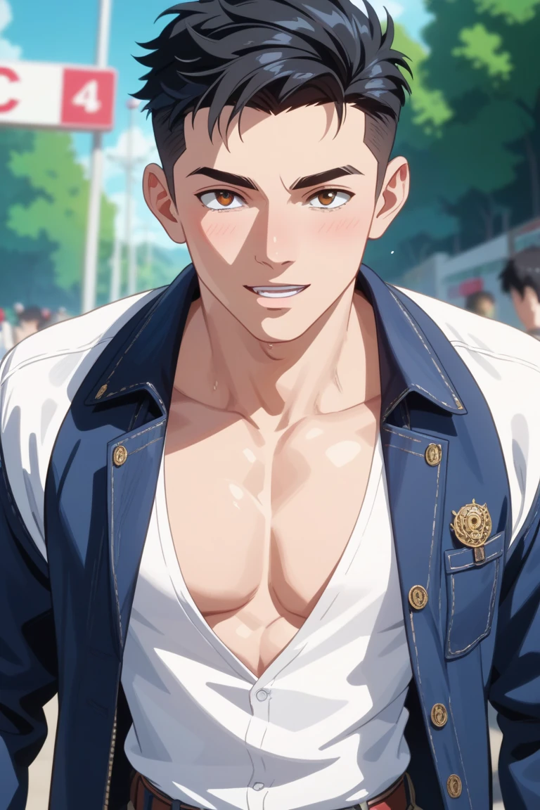 male people、4２age、manly、muscular、In the street、up of face、neat face、Outraged、The upper part of the body、Open your mouth and get angry
