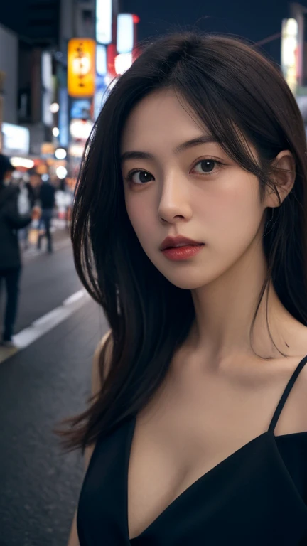 A woman stands in the street,He has a flower on his head, Maggie Cheung, xue han, yun ling, xintong chen, lulu chen, wu liu, wenfei ye, Lin Qifeng, Fan Bingbing, Inspired by Pan Yuliang,Popular topics on cgstation, wlop shiny skin, Open V-shaped corset,Split,Bust size and work,huge breasts,wlop shiny skin, japanese goddess, Skin is hydrated and radiant!!, Breasts covered and SFW, Realistic perfect body, Realistic gravure idols, Surreal graphics, Ouping Cyberpunk, Beautiful and detailed body and face