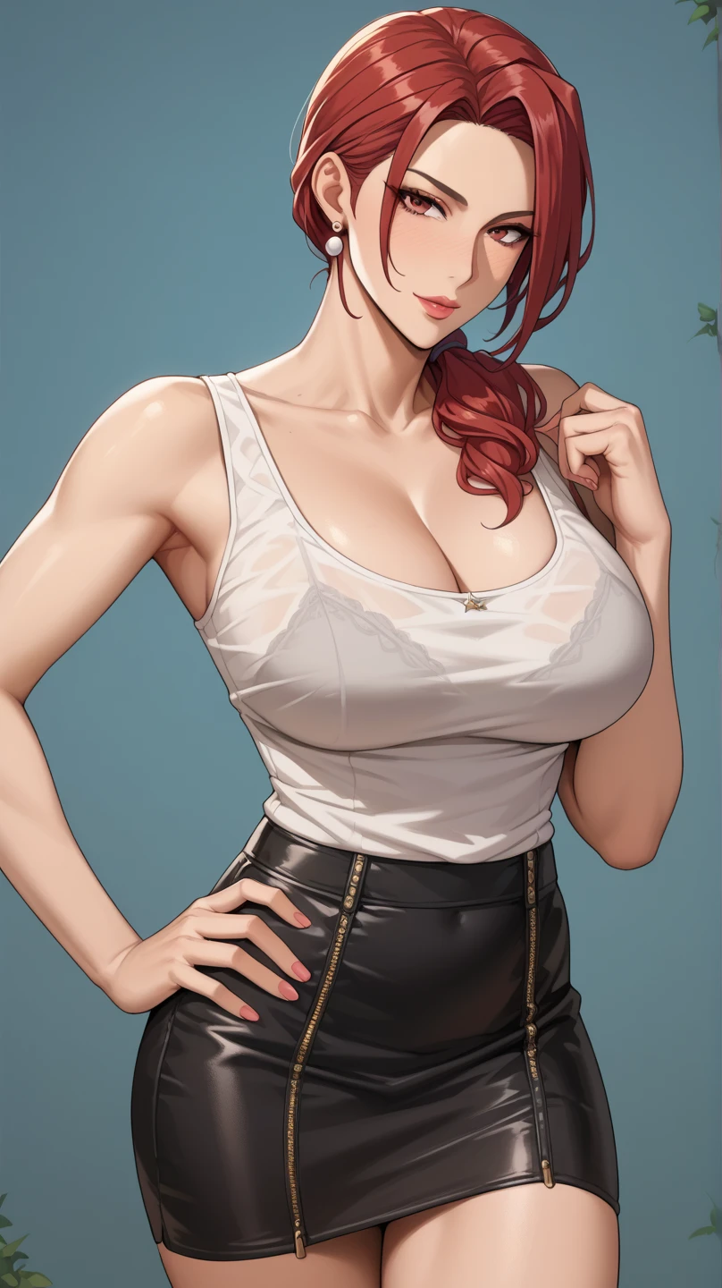 A tall woman, huge, sexy, beauty, tenderness, red hair, two parts, her light red eye, big black eyelash, dresses in a red top, long sleeves, shows her navel and gray pants, wearing a black belt and a brown boot.