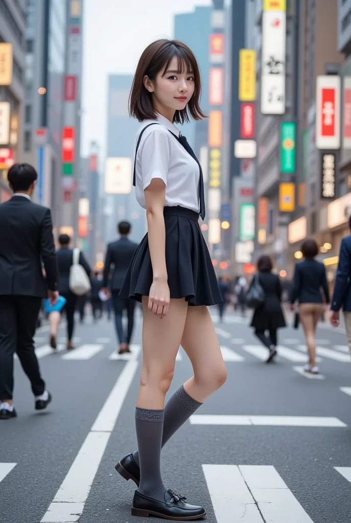 Full body facing the camera 1:9、perfectly proportions、A slender Abs 1:5、thin long legs sexy pose、long shiny hair (top-quality), (masterpiece), (hight resolution), Very detailed 8k wallpaper, (Very delicate), top-quality, masterpiece, 超A high resolution, (Photorealsitic:1.4), Raw foto, street pic, Photos of young girls in Japan, Colossal breasts beautiful breasts 1:9,Small butt 1:8、Tight back open lace shirt with intricate decoration,Lace skirt with intricate décor、Black knitted socks、Black shoes、Take the train, deep-shadows, Unobtrusive light, Deep contrast, bokeh dof, depth of fields, looking at the viewers、Smiling softly, neoism, Background crowd, Background person々, exposure blend, full-shot, Bokeh, (nffsw:1.4), highcontrast, (Cinematic, Teal, an orange:0.85), (Subdued Color, Calm tones:1.3), low-saturation, (ultra-detailliert:1.2), detailed human hands、Perfect human hands、