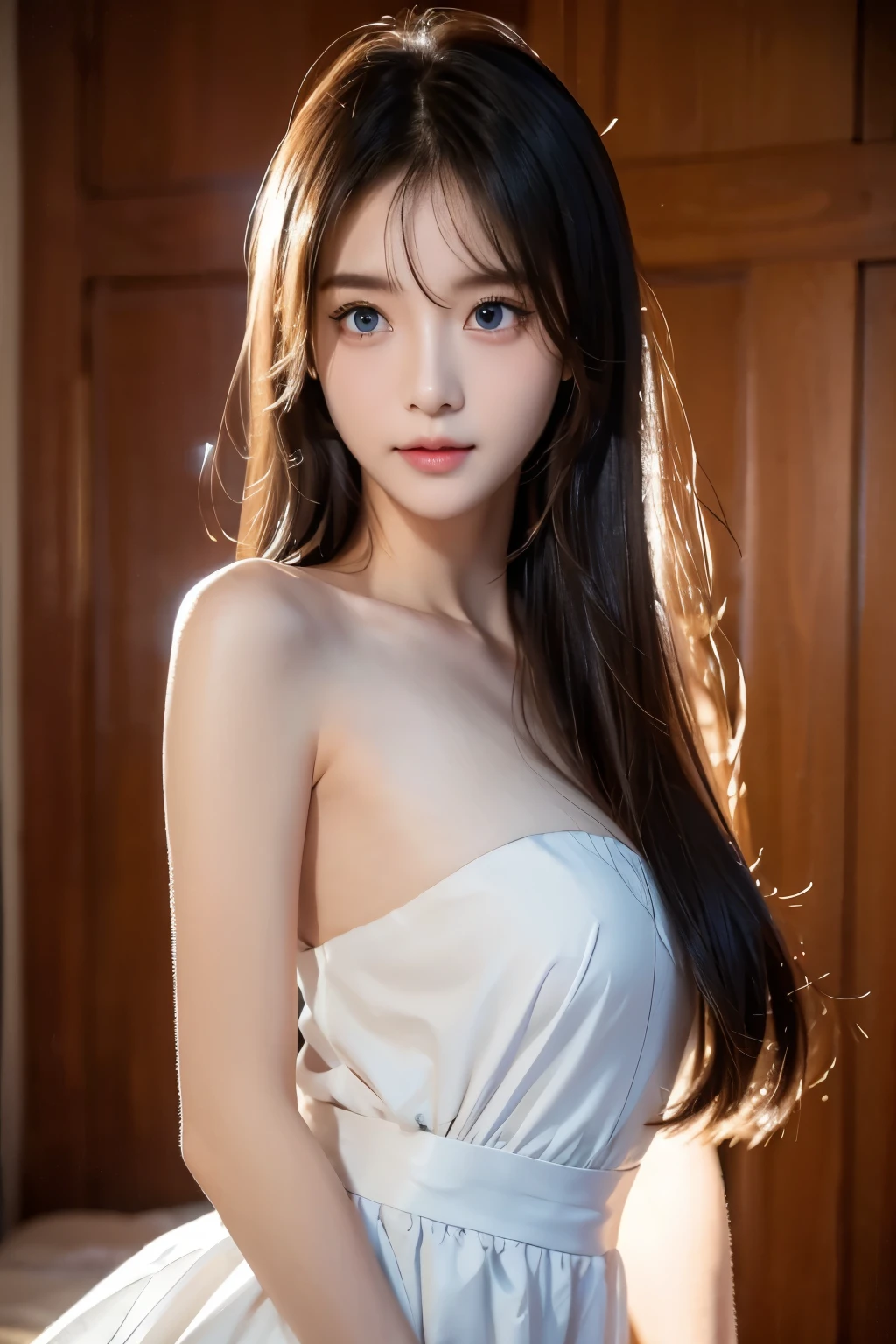 ８ｋ、High resolution、maid clothes fashion、beautiful girl、android body、young、white skin,、narrow eyes,high nose,lighting that illuminates the face、clear image、intellectual beauty、skinny、no makeup、anxious look、lighting that illuminates the face,shining hair、single eyelid,blue eyes, naked ,speading