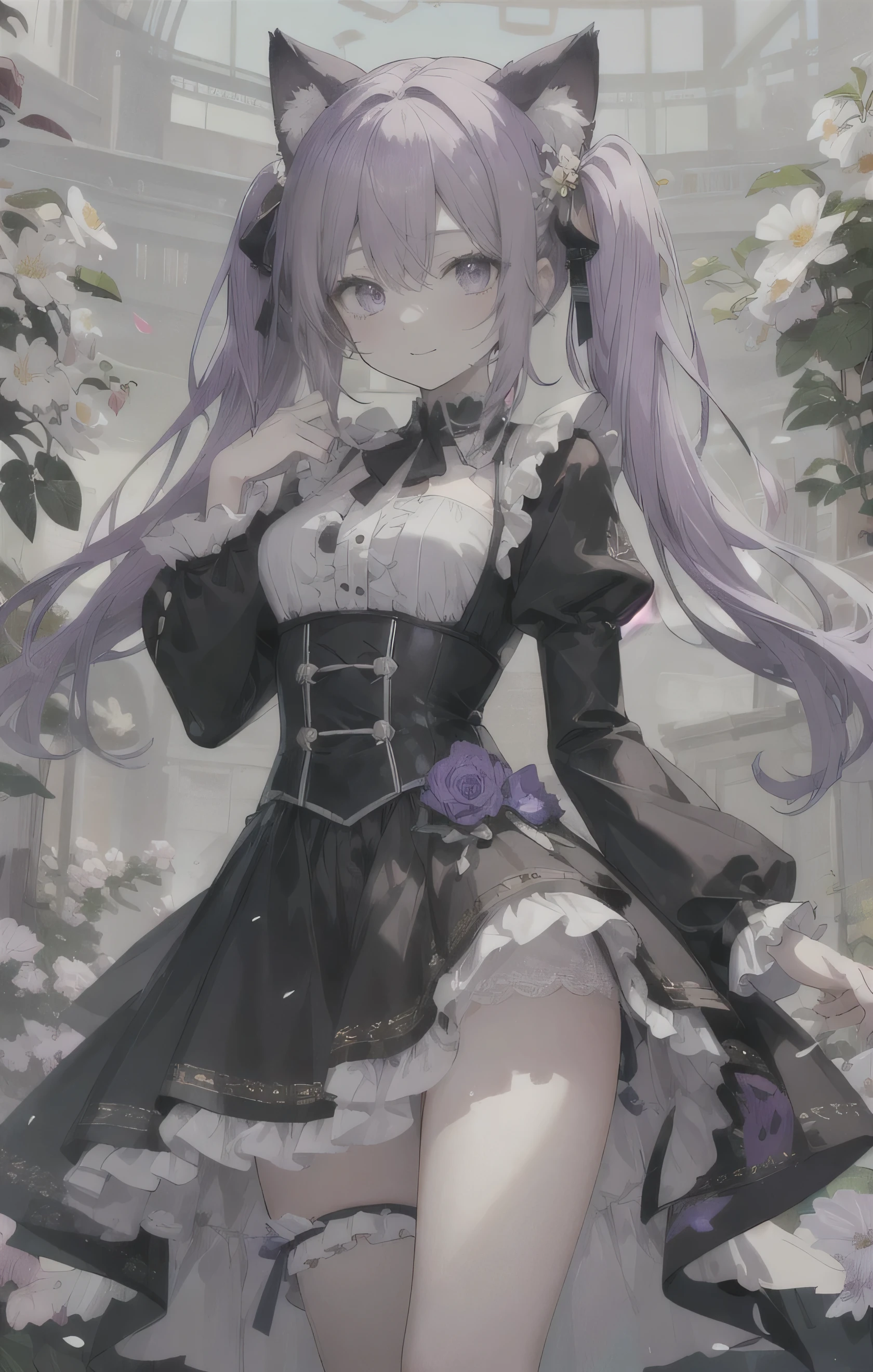 Anime girl in white dress，(((Yellow Eyes)))、(((Light purple hair)))、((Twin tails long enough to reach the ground))、(((long hair)))、(Black Ribbon), , Small curves , Anime girl in maid outfit, Splash Art Anime , Cute anime waifu in a nice dress, Gorgeous maid, , Sexy maid in the magical forest, [ 4k digital art ]!!, Anime cat girl in maid clothes，Expose intimate areas，Exposed