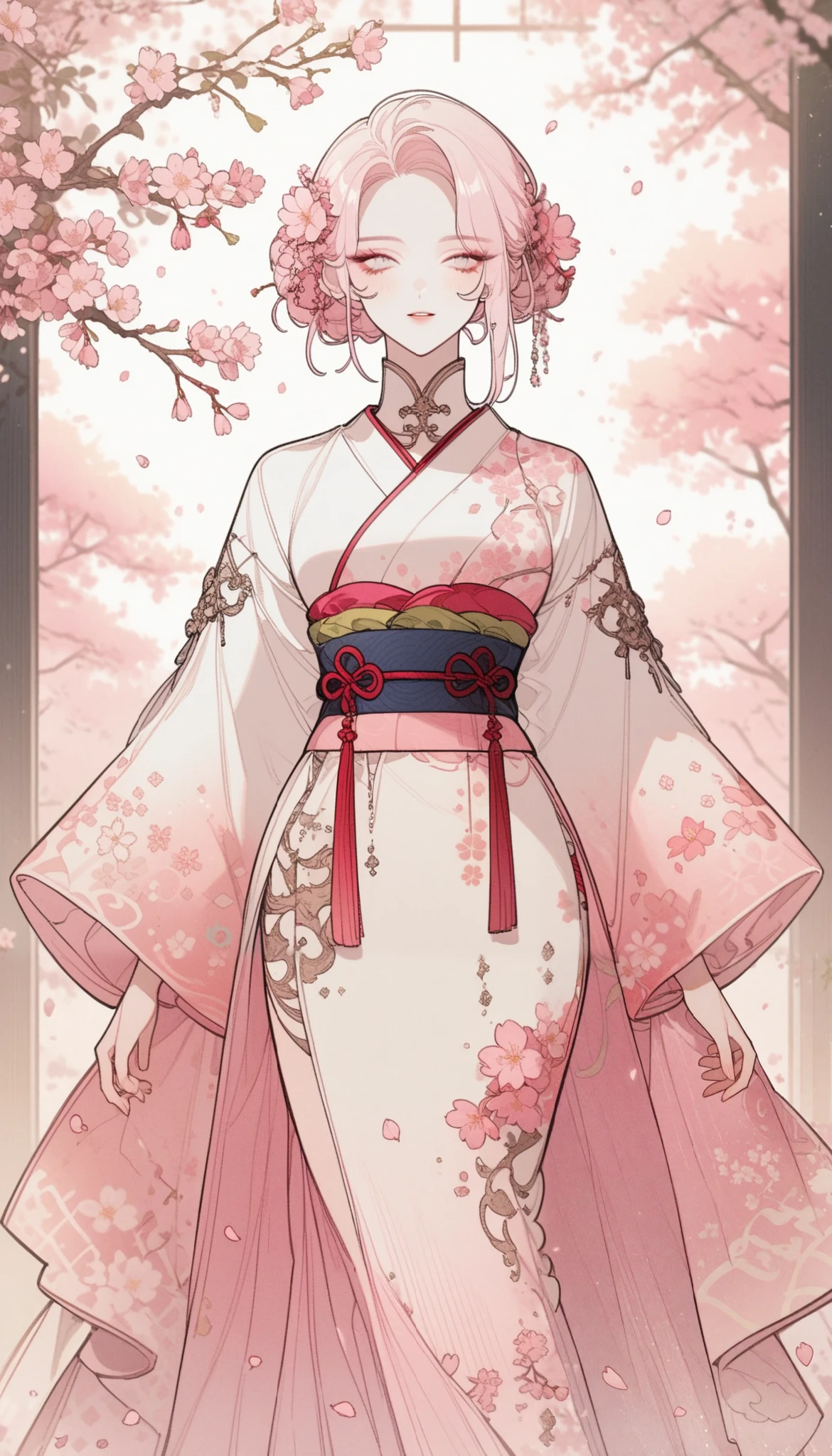 c4nv4sStyl3_v1 ,w1w1_v1, Sakura Goddess standing gracefully in a serene spring scene, surrounded by gently falling sakura petals, her flowing kimono adorned with intricate cherry blossom patterns, soft pastel pinks and whites blending with vibrant accents of cherry glow, delicate silk textures shimmering in the sunlight, ethereal beauty with a warm, radiant aura, cherry trees in full bloom in the background, a harmonious mix of nature and elegance, highly detailed, cinematic lighting, 8k resolution