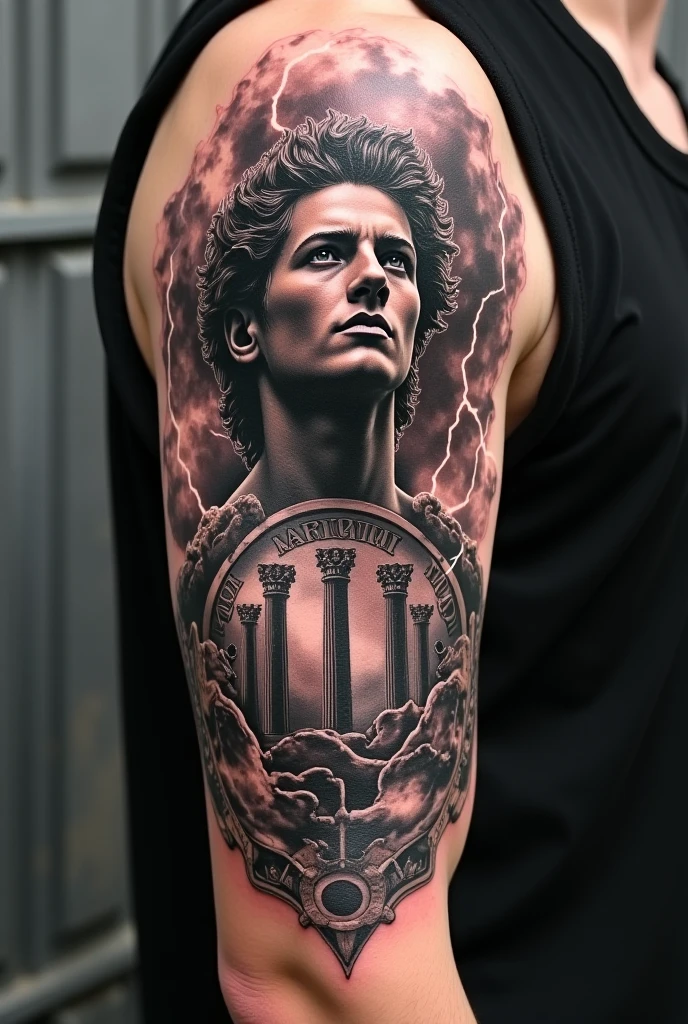 Create a tattoo for the left arm with elements about consciousness , the greek god apollo and atlas holding up the world