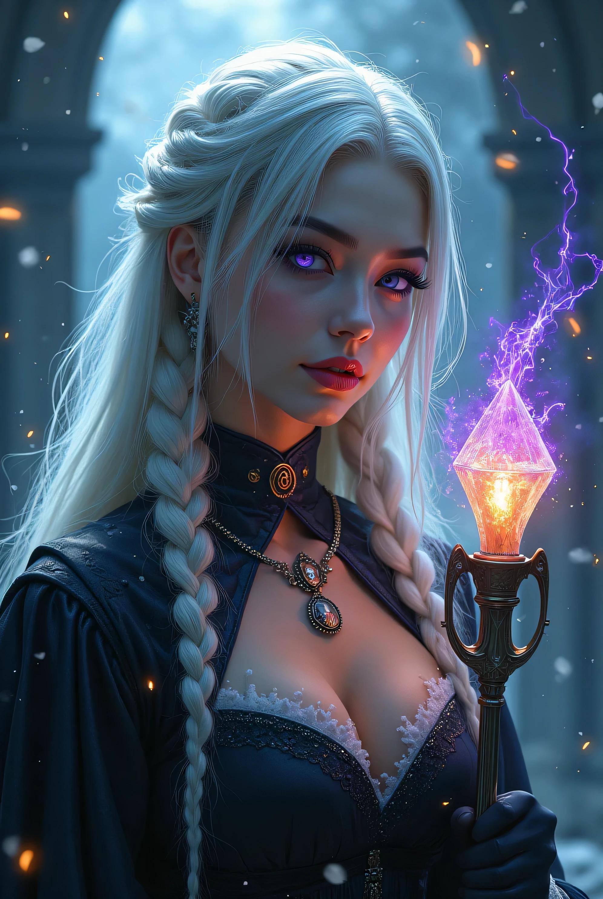 solo, puffy sleeves, electricity, indoors, corset, twin braids, outdoors, from side, breasts, jewelry, cave