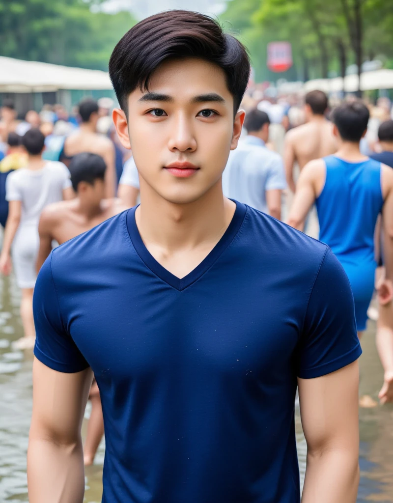 (best quality,4k,8k,highres,masterpiece:1.2),ultra-detailed,(realistic,photorealistic,photo-realistic:1.37),portrait,Thai handsome and cute 18-year-old,two boy,thin body, slim male model body, no six pack,sexy men underwear,walking with blue underwear in Bangkok market garden,extremely detailed face,greenery,clear blue sky,soft sunlight.