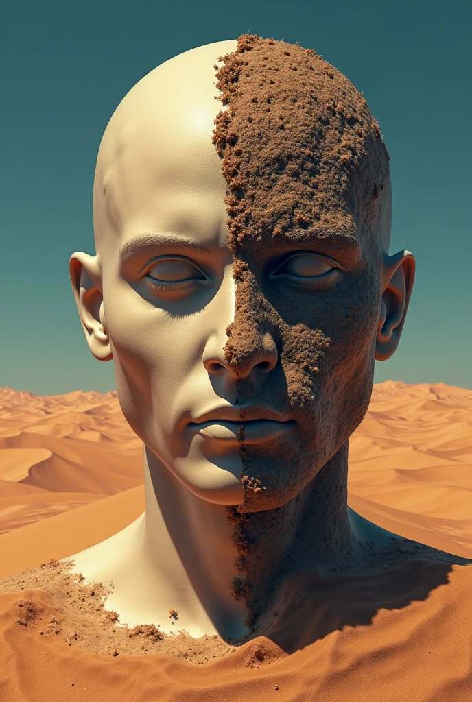 I want an image of a man's metal head with his eyes closed, sad abandoned , deteriorated and buried in the desert