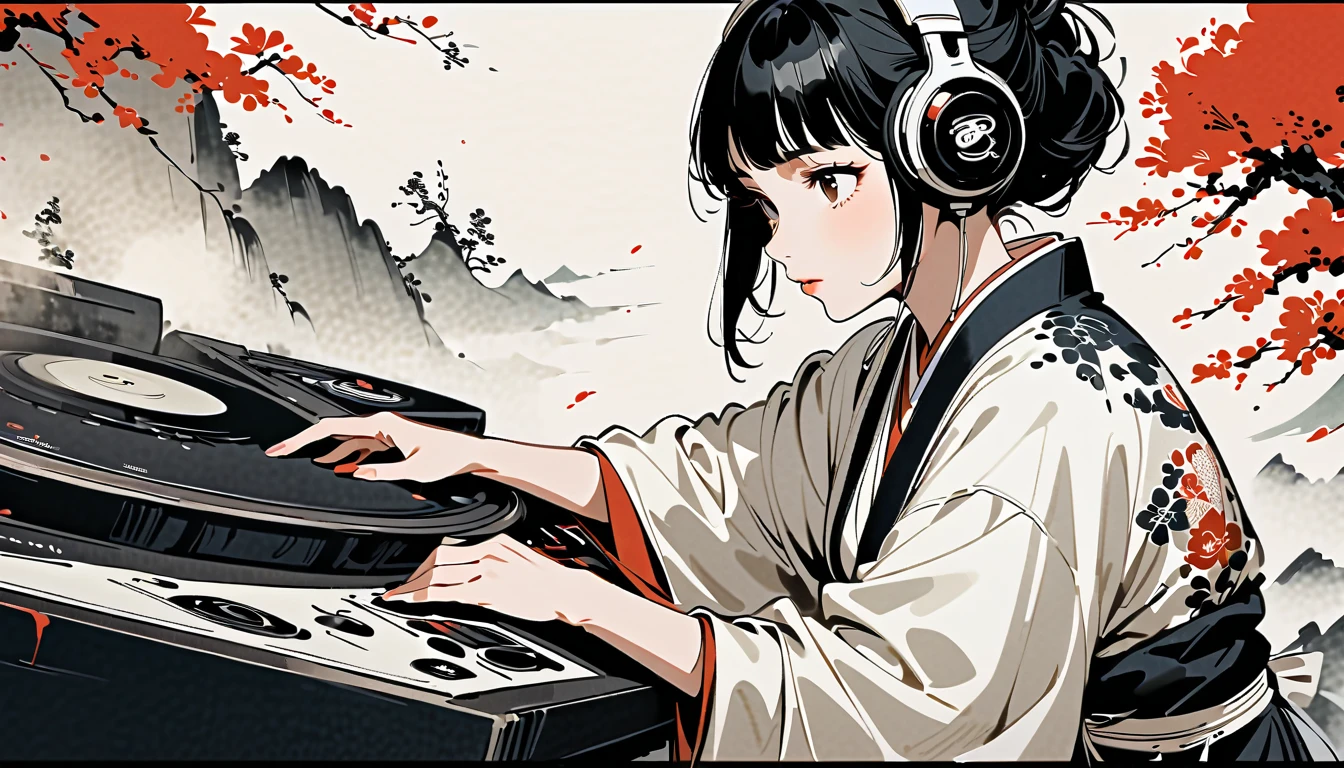 (((Ink Painting))), (((1 girl))), (((Skull tattoo on face))), (((Gorgeous hair accessories))), Japanese style headphones, (((dj))), Japanese Beauty, devil, Black Hair, smile