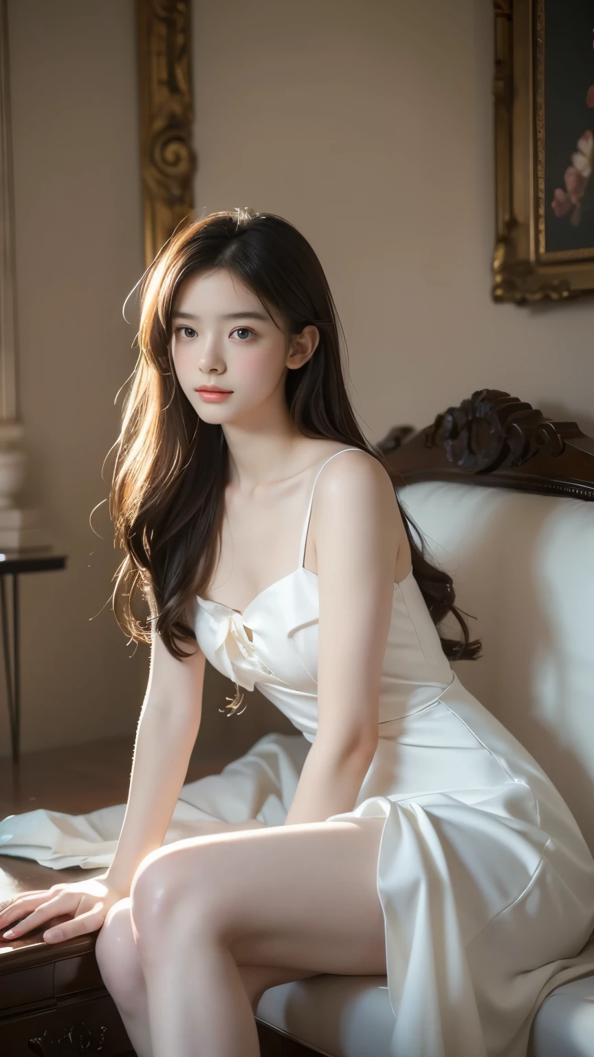 ta1,dress,flower, ((1 girl, elegant sitting posture)), Natural leg proportions, visible division, masterpiece, ((Sleek and long legs)), (best quality, 4K, 8k, mackerel, masterpiece:1.2), very detailed, (realistic, photorealistic, photo-realistic:1.37), official art, CG, anatomically correct, Random Scene, Any camera angle, cinematic, of the photo, complex background, soft lighting, subtle shadows, vivid colors, expressive eyes, delicate features, High Fashion Outfits, ambient atmosphere, A candid moment, natural expression, detailed texture, fine details, Sophisticated elegance, sophisticated style, artistic composition, Beautifully rendered.