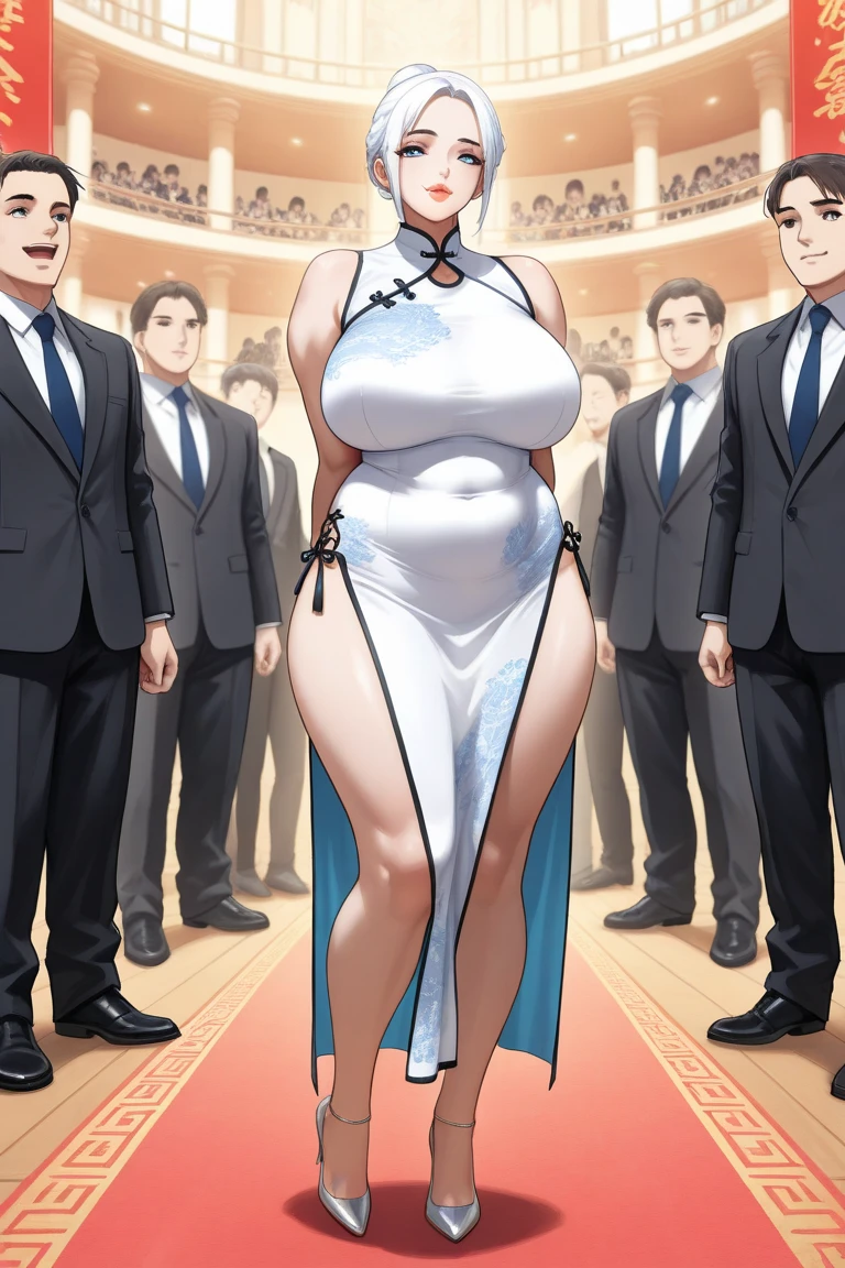 Elsa The Snow Queen with Extremely curvy with a flat muscular stomach cosplay fashion model walking down the catwalk at a Paris fashion show
