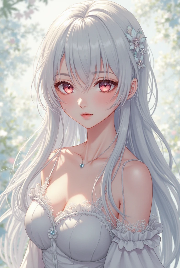 create a sensual female anime character with white hair and rabbit accessories