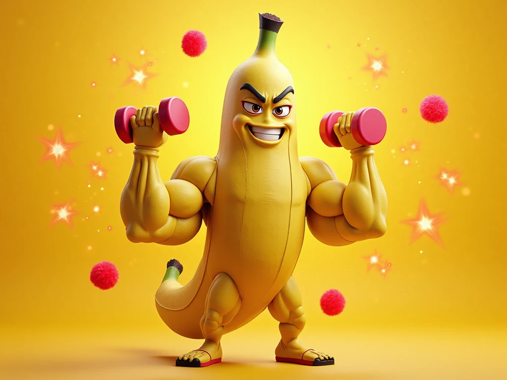 Banana shaped like an athletic man lifting weights very hard and wearing glasses, surrounded by athletic female bananas admiring the weightlifter
