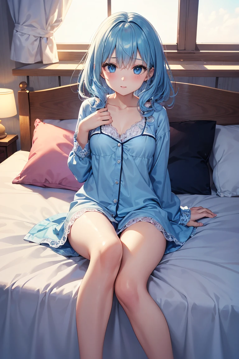 une jolie adolescente, cheveux chatain, yeux bleu, pyjama rose sexy de fille, dans une chambre de fille, le pyjama est déboutonné, pas de culotte, elle sourrit, on voit ses épaules, elle a des petits seins