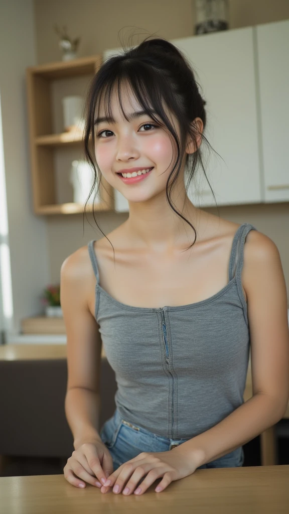 cute girl、red camisole、white panties、neat girl、Overhead view from the ceiling、(flat chest、small breasts)、brown eyes、(8K、Raw photo、highest quality、masterpiece: 1.3)、muscular、(shiny skin:1.3)、(Lying on the bed、very relaxing)、smile、16 years old、round face、black hair、ponytail、rim_lighting、incredibly cute、(masterpiece、Award-winning work、Super detailed、high resolution)、High-definition RAW color photo、realistic pictures、movie lighting、soft face light、very delicate and beautiful、very detailed、8k wallpaper、very detailed目、very detailed肌、very fine fingers、very detailed口、perfect anatomy、firm skin、Translucency、Transparency、Korean beautiful girl model、Nogizaka Idol、10th generation、(indirect lighting、Midnight Room、SIGMA 60mm F/2.8:1.5)、Classmate、high school student、