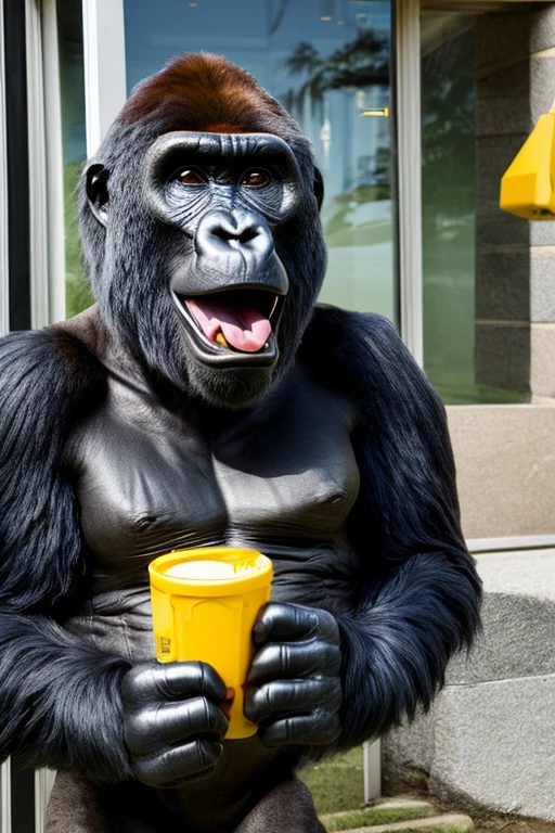 2D gorilla sitting on a sofa watching TV, Drink a Slurpee