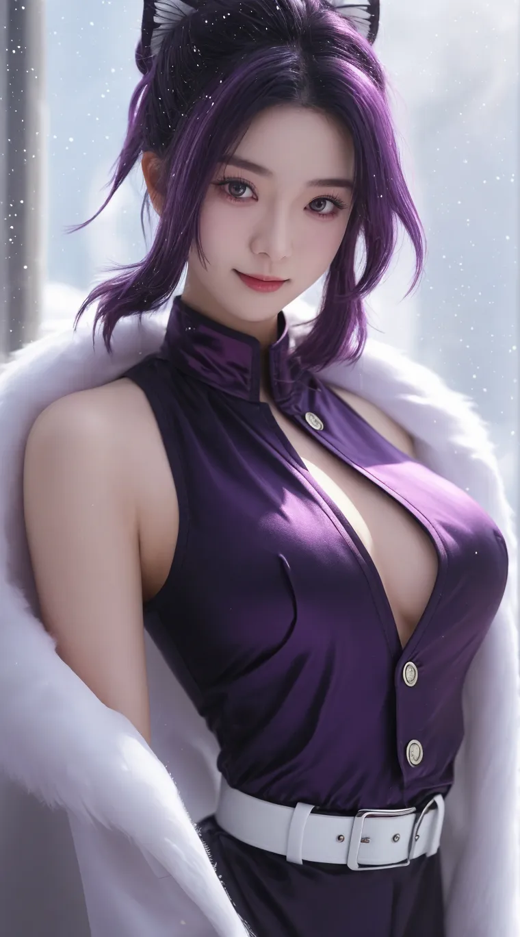 (photorealistic:1.4), best quality, masterpiece, ultra high res, 1girl, (detailed face:1.2), (detailed hair:1.2), (detailed clothes:1.2), 4k, (detailed color:1.2), (purple hair), white shirt with red blazer, cleavage, bare shoulder,