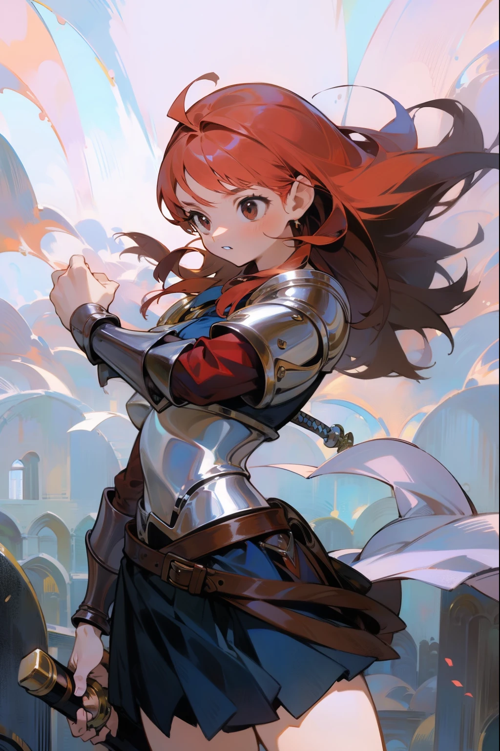 (masterpiece, top quality) detail, silver accessories, adult female, redhead, long hair, sword, armor, big sword, pleated skirt,