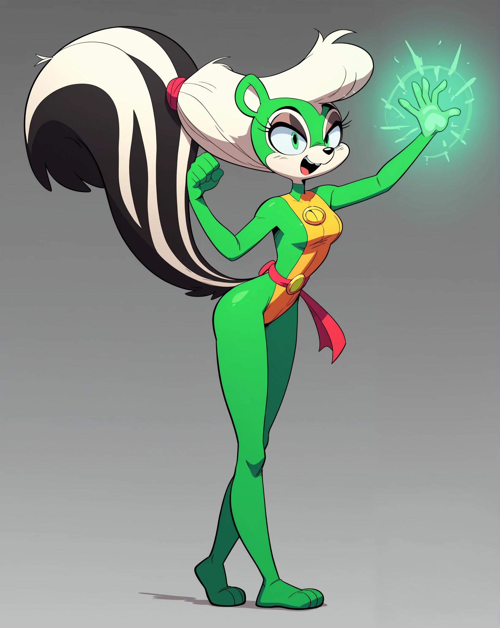 In a vibrant, cartoonish illustration, Ramman aka Conjis Star, a female skunk, stands confidently in a full-body pose, facing slightly to the right. Her form-fitting superhero costume, featuring a vibrant green body suit with white accents forming a stylized V-shape on her chest and extending to her upper arms and lower legs, complements her large, bushy gray and white striped tail. Her expressive light green eyes and mint-colored hairstyle, with a short, pointed fringe and longer hair in the back, add to her playful charm. In her right hand, she generates a translucent blue energy sphere adorned with a paw print, imbuing the image with a sense of dynamic power and positivity. The warm, inviting lighting bathes the scene, highlighting the whimsical and heroic nature of this unique character.