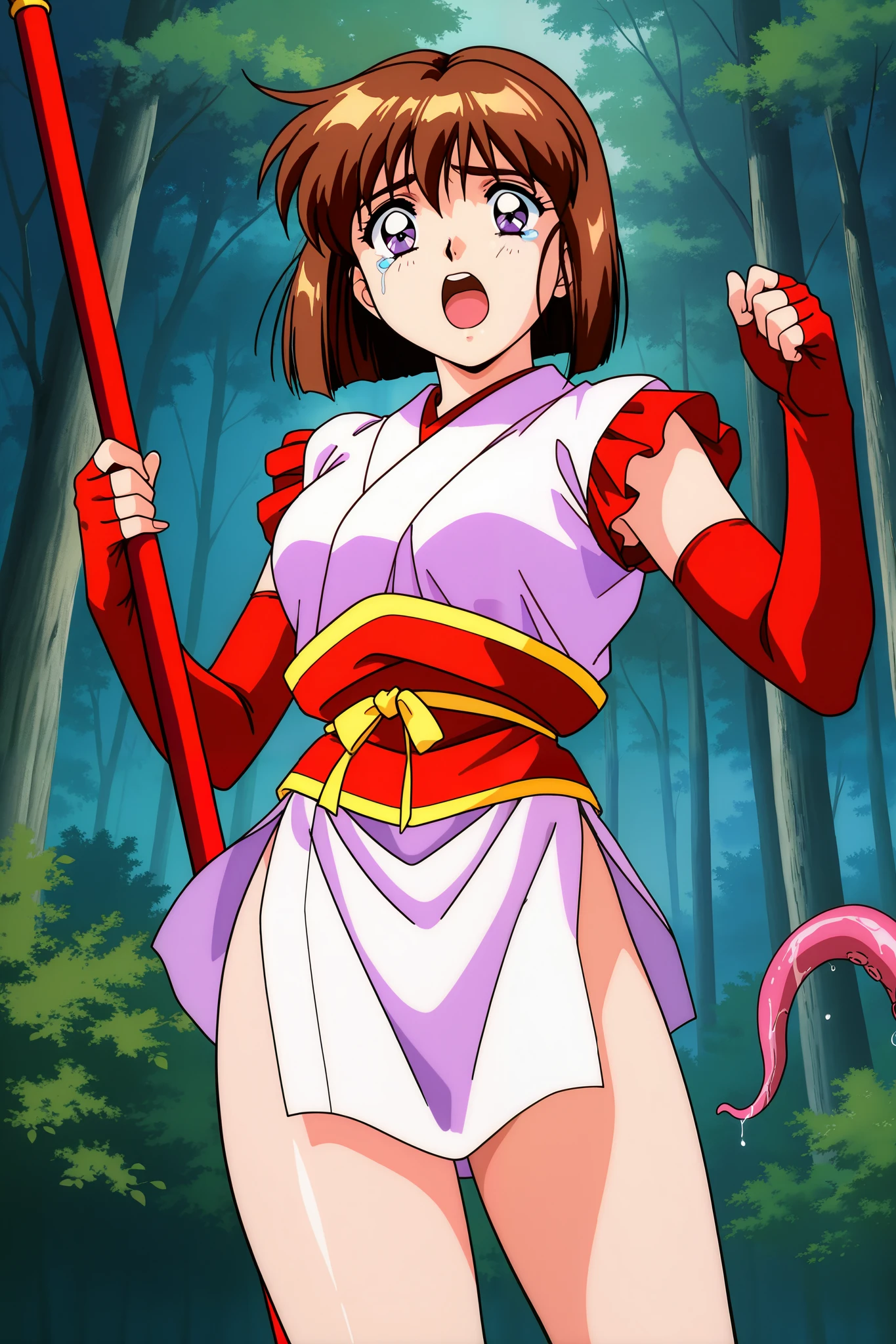 general,highres, ultra-detailed,very aesthetic,best quality ,best hands, BREAK Amatsu_Mai, 1girl,solo, brown hair, short hair, breasts, purple eyes, bob cut, bangs, 1990s \(style\),anime coloring,
red gloves, fingerless gloves, elbow gloves, japanese clothes,
sash, red gloves, pelvic curtain, kimono, polearm, obi, thighs, open mouth,forest,tentacles,ecstasy,tears