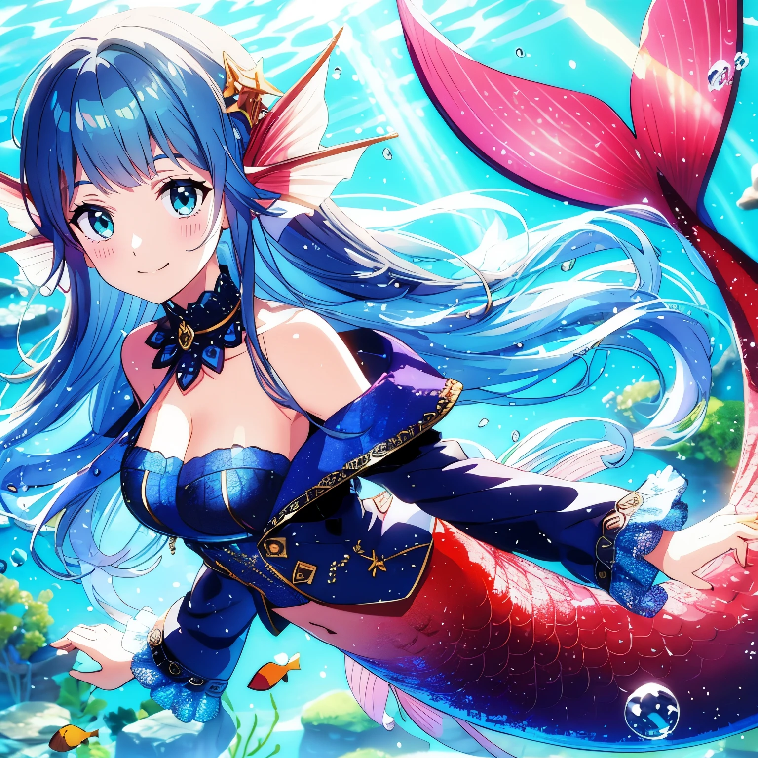 best quality, masterpiece, highres, detailed, digital artwork, <lora:Detail - add_detail:0.2>, CoralVG, <lora:Character - CoralVG-6:0.8>, blue hair, blue eyes, blue dress, frills, underwater, singing, smile, microphone, fish, coral reef, dappled sunlight, mermaid, navel cutout, blue rose,