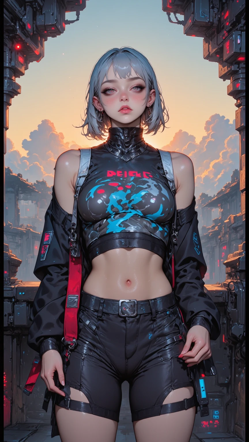 Beautiful woman medium hair, Wearing a hat, Cyberpunk Shorts,(Blonde Short Hair)、(Barrette)、(((Hair on one eye)))、(Red eyes)、