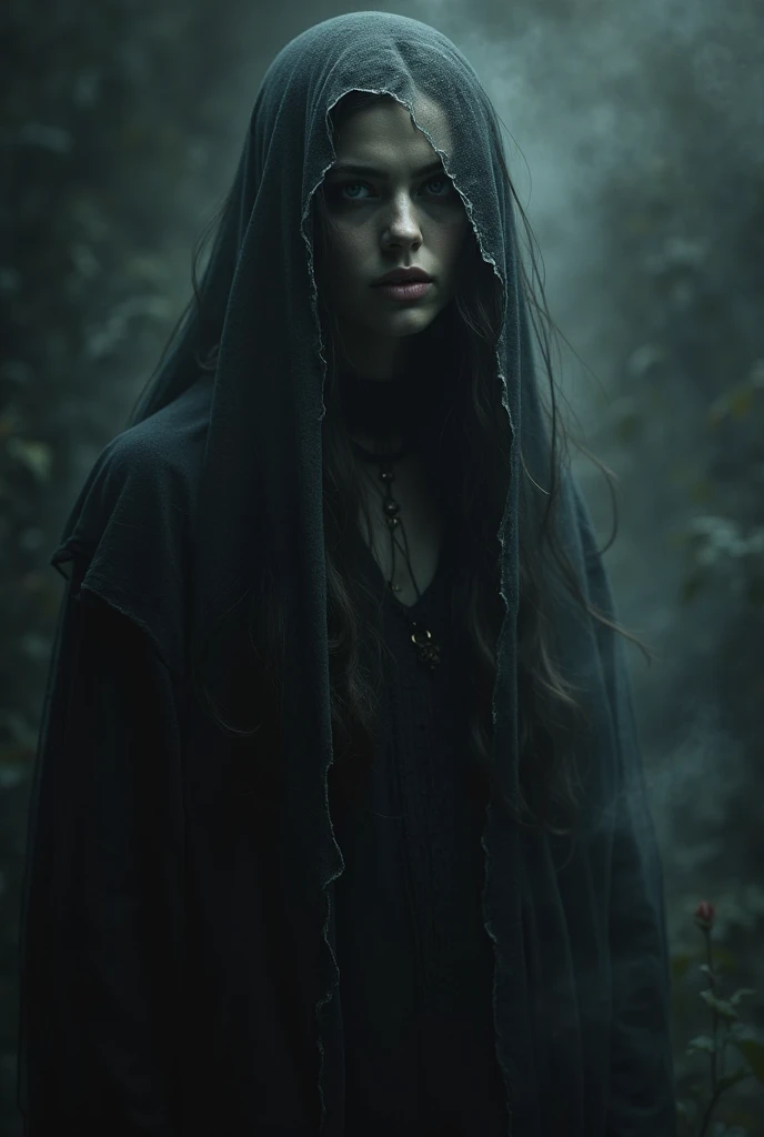 ((masterpiece, Fantasy,Only the left eye is closed,Black paint on eyelids and cheeks, Beautiful girl, Black hooded heavy robe, Wizard)), Brown hair with wavy ends,short hair,Pale skin,Heavy Robe,assassin, Robe over grey clothes, forest, Small River, fog,Thin lips,Looking down, dark, night, I want you to wear clothes