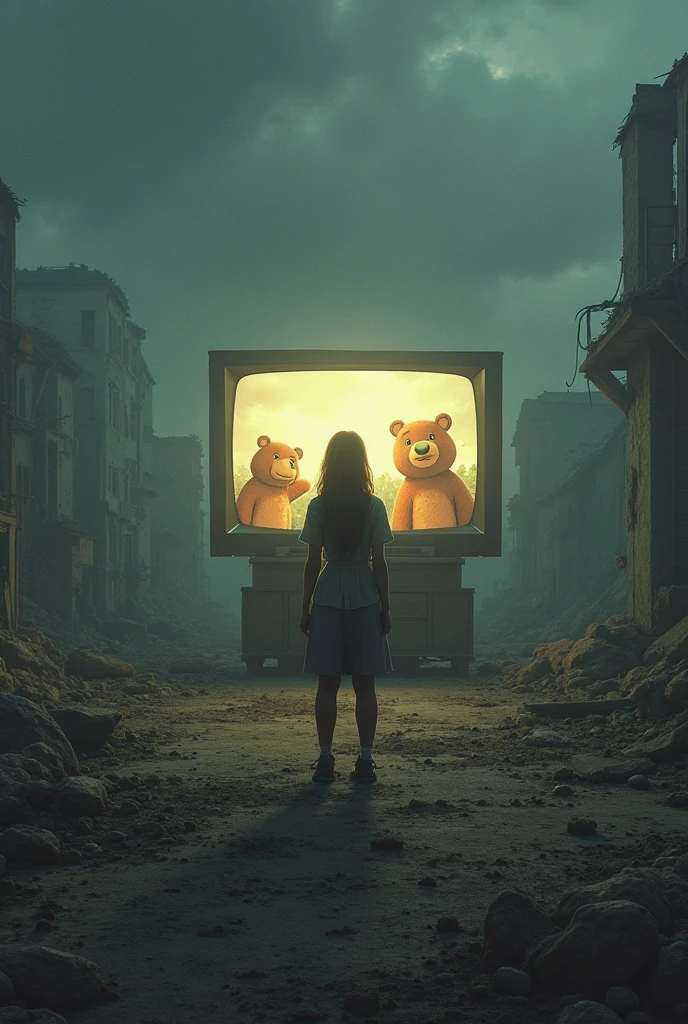 A dramatic cinematic shot of a desolate metropolis ravaged by nuclear devastation lies in ruin as a golden-haired teenager clutches a worn teddy bear for comfort amidst the rubble. The once-familiar streets now scarred and twisted, a poignant contrast to the tender grasp of youth innocence. High contrast. Fire, smoke.