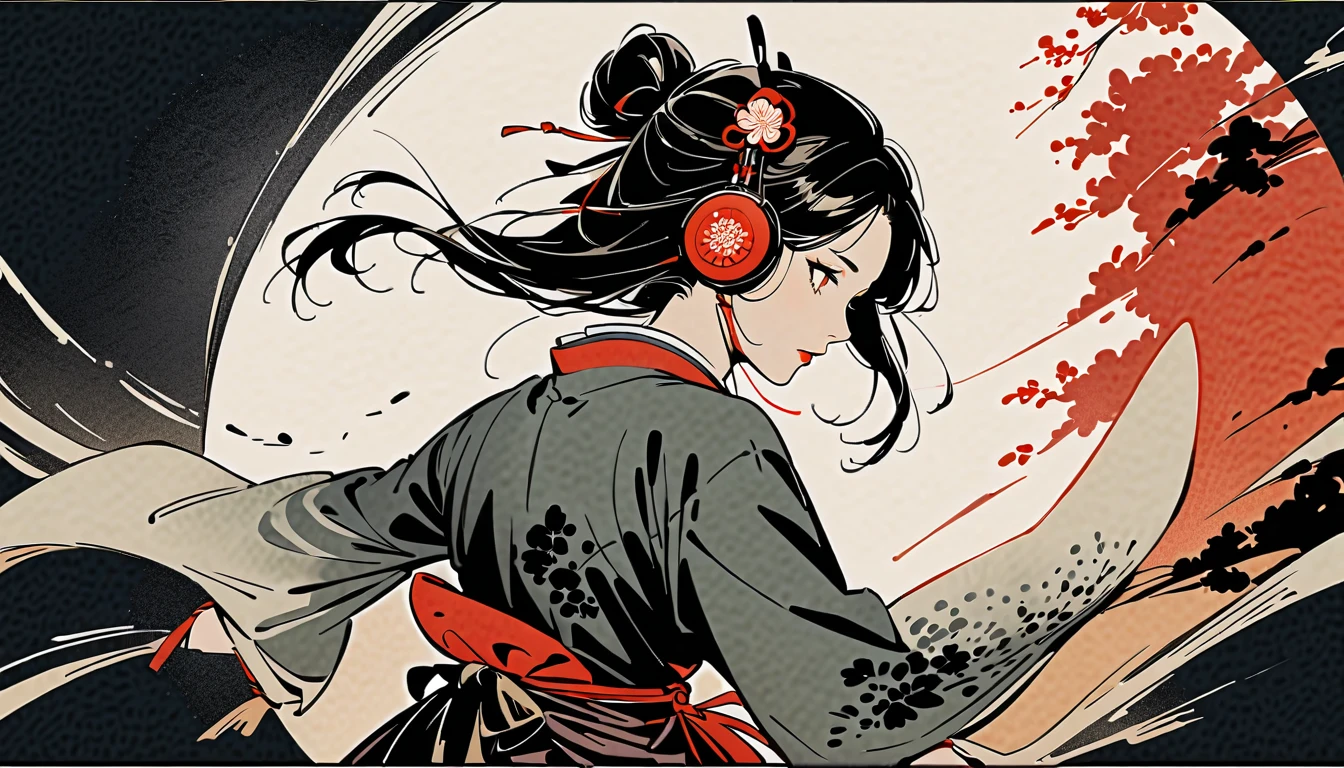 (((Ink Painting))), ((Japanese style headphones)), (((Japanese pattern tattoo on face))), Gorgeous hair accessories, Japanese Woman, Fluttering Hair, (((karate)))