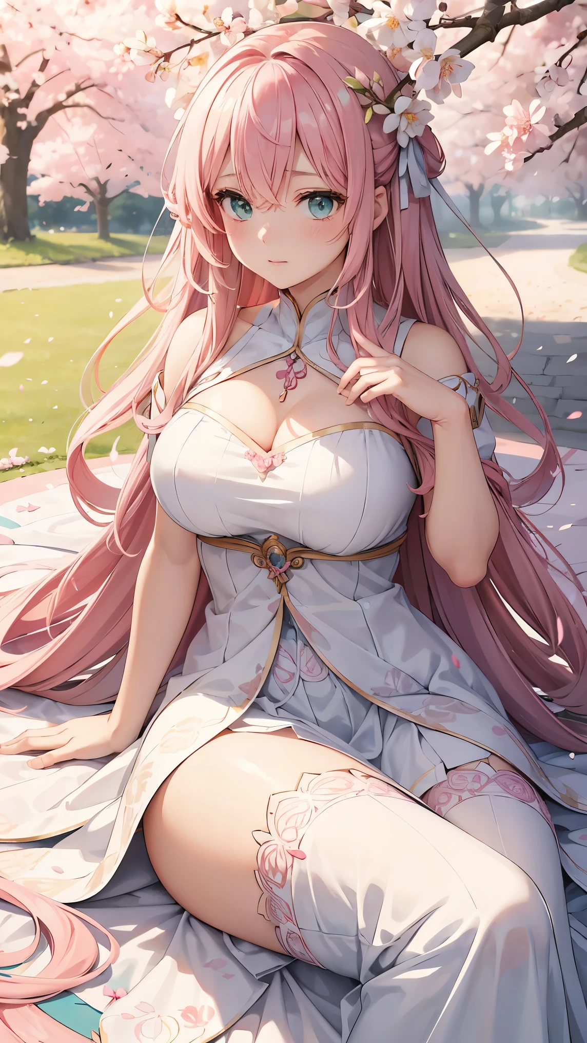 1medium woman, long pink hair, red eyes, innocent face, provocative pose, big breasts, long white dress with pink flowers, white heels with pink flowers