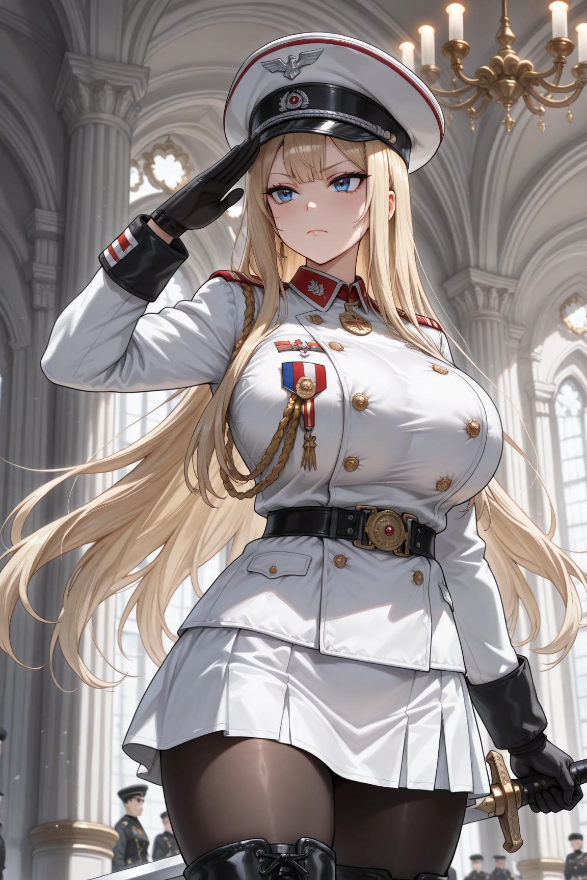 cowboy shot,solo,beautiful female,MILF,(large breast:1.25),blonde hair,longhair,hair bang,blue eyes,tsurime,expression less,closed mouth,BREAK,white empire military costume,wear a sword,black leather belt,milltary hat,gold buttones,medals,white skirt,black stockings,milltary boots,salute,standing stragiht,looking ahead,palace,chandelier
