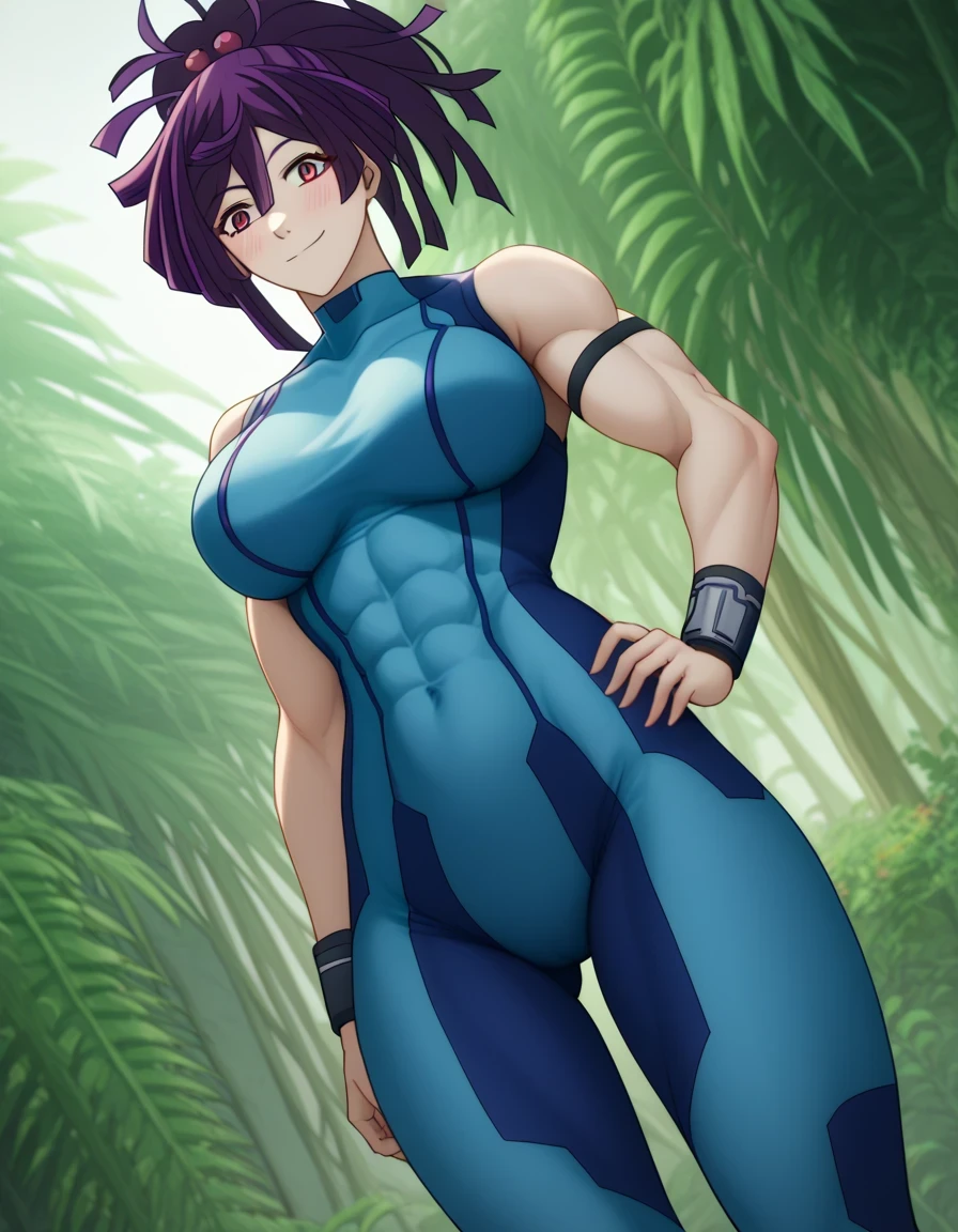 score 9 、score 8 up、score 7 up、source anime、masterpiece、best quality、high image quality、high resolution、anime coloring、 1girl 、jigoku yuzuriha、、yuzuriha、female focus、purple hair、medium hair、ponytail hair、hair ornament、red eyes、Big Breasts、covered deltoids、covered anterior deltoids、covered middle deltoids、covered posterior deltoids、covered biceps、covered biceps long head、covered biceps short head、covered triceps、covered triceps medial head、covered triceps long head、covered triceps lateral head、covered brachioradialis、covered cameltoe、very large breasts、tall woman、toned body、Strong muscles、、Samus Aran cosplay、Samus Aran \(cosplay\)、blue bodysuit、bodysuit、covered navel、covered midriff、covered stomach、covered collarbone、covered thighs、skin tight、Zero Suit、Outdoors、jungle、blush、smile、looking at viewer、woman's focus、cowboy shot、dutch angle shot、