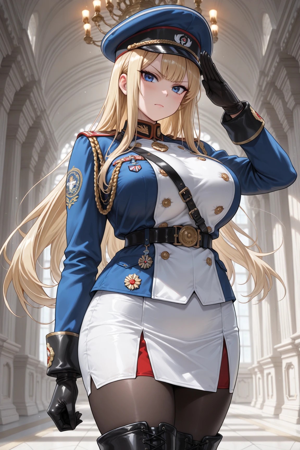 8k(White military uniform, Dark and evil skull:1.5 )
Masterpiece(woman,Huge breasts,Huge breasts:1.5,とても唇が赤いHuge breastsを強調,Big Ass,Narrow waist,Long legs,Green Eyes Standing)
8k((Anime Style,Henyohe 8k((Anime Style,A sloppy smile,What we are looking for,Face mischievous face,The facial expression is accurate:1.1))))
8k(Staring at me)
8k((Focus on the face))
8k(The facial expression is accurate)
8k(きれいなwoman)
8k(Tight fit)
8k(Model standing)
(Alice in Wonderland)
8k((Right hand salute:1.3))
8k(Long blonde hair,The facial expression is accurate:1.1)