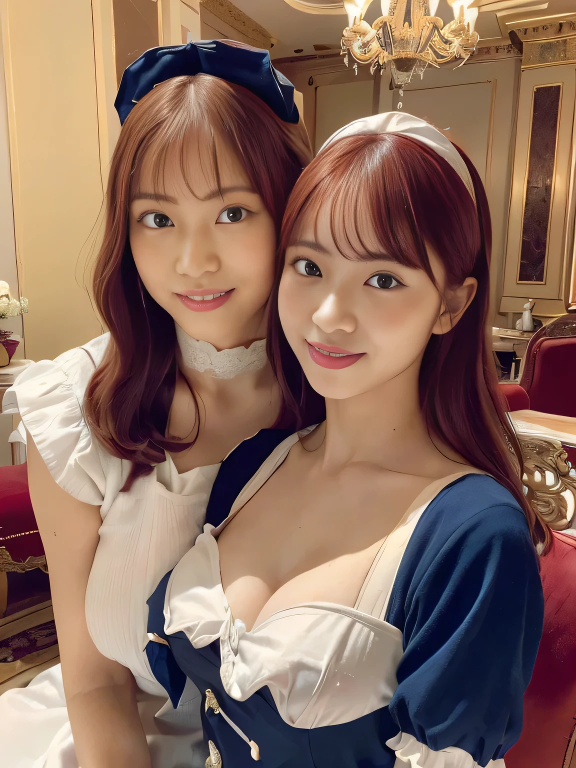 two sexy bubbly and cheerful women in teachers outfits, kneeling, short, vibrant curly red and auburn hair, chokers, excited faces, portrait, close up faces, view from above