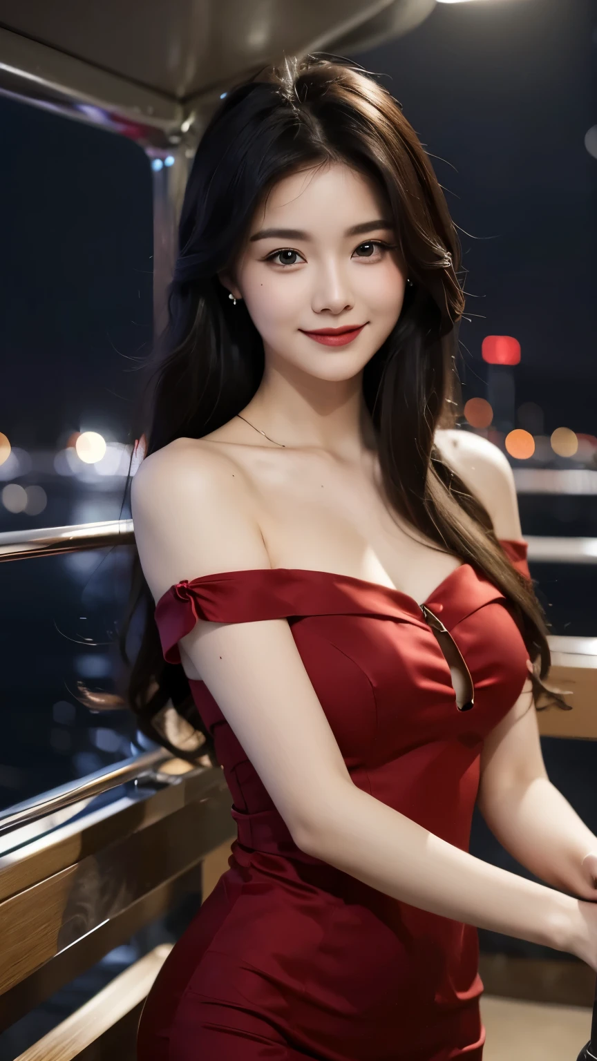 A sweet girl by the yatch,voluminous hair,Delicate face,Photorealsitic,of a real,largeaperture,wears a dark red dress,A cropped dress,Off-the-shoulder,A dress around the neck,Slim,smiles,Ultra-high resolution, Blurred background
