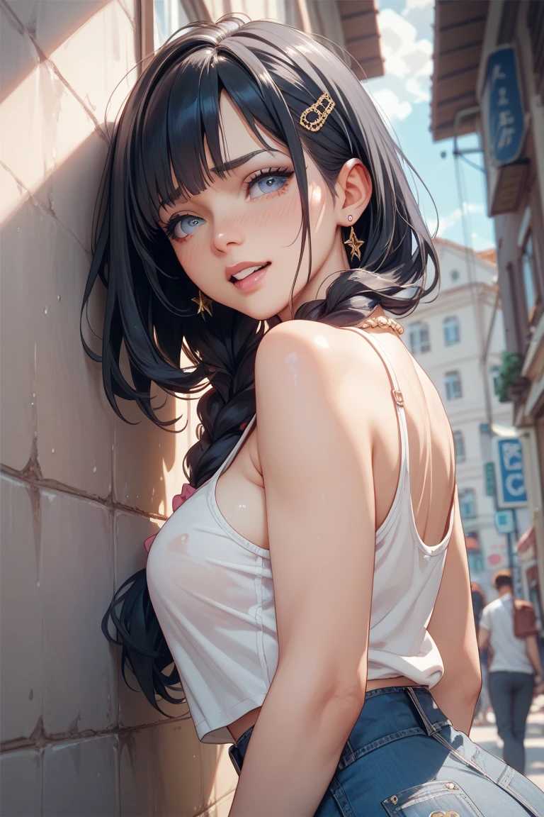 (8K, RAW photo, 最high quality, masterpiece:1.2), High-definition RAW color photo, Professional photo shoot, cinematic light, alone, (((young woman))), (detailed expression), (round eyes), (small face), (high detail skin:1.2), clavicle, cute face, beautiful appearance, long eyelashes, beautiful chest line:1.5, (bionde, wavy hair, Hide one eye with bangs, blue eyes), (red earrings), (slim body shape:1.4, A woman with a slender figure and big breasts), Very detailed face and skin texture, fine eyes, double eyelid, (((Fun time, smile))), ((facing the front:1.2)), ((photo shootのためポーズをとる, sexy pose)), (In front of a concrete wall:1.5), Joy and excitement, (((blue taffeta volume blouse_Plenty of gathers, white maxi skirt), ((photo shoot, whole body)), Stand in a pose:1.2, beautiful skin, shiny skin, perfect fingers, five fingers, anatomically correct, background bokeh, high quality, surreal, bright colors, ((Nikon, 135㎜, f/1.8, very detailed, photo shoot)),