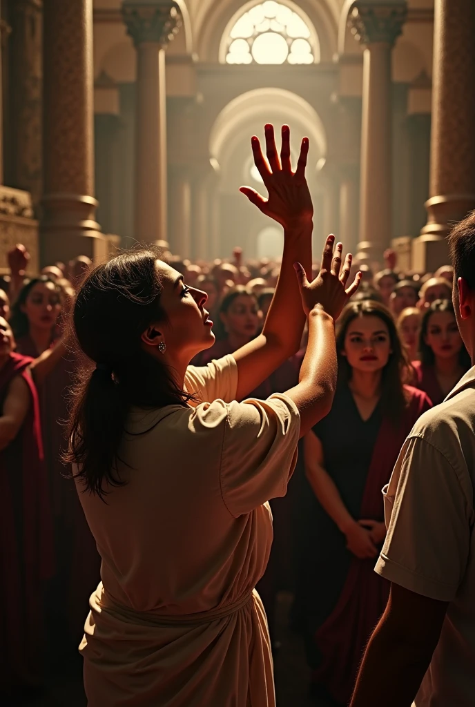 A group of people, with their hands raised and eyes closed