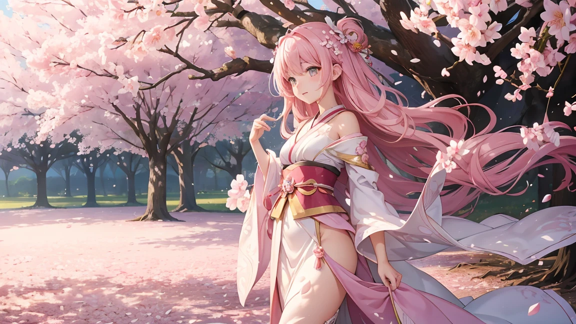 (best quality,4k,8k,highres,masterpiece:1.2), expressive eyes, perfect face, singing, toji gate, sakura blossom, looking at viewer, side breast, evening, long pink hair, yae miko, full body, miko costume, purple eyes, anime, vibrant colors, soft lighting