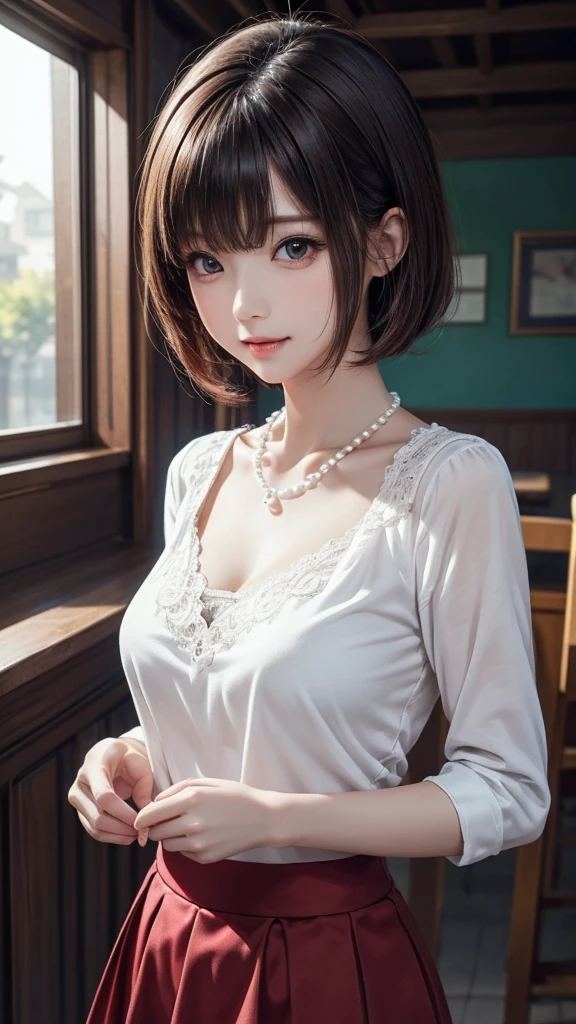 1 rapariga、​masterpiece、highest  quality、realisticlying、realisitic、Seductive bright smile、short clean hair、Loose business shirt、enticing eyes、(Show cleavage)、In a modern office、(Pure white background with really nothing from floor to ceiling)、(28 year old）、extremely detaile、full bodyesbian、neck long、Straighten your back、Put your ears out、Highlights in the eyes、lipgloss、glowy skin、White-colored skin、Clean collarbone、closes mouth、Happily、Nice proportions