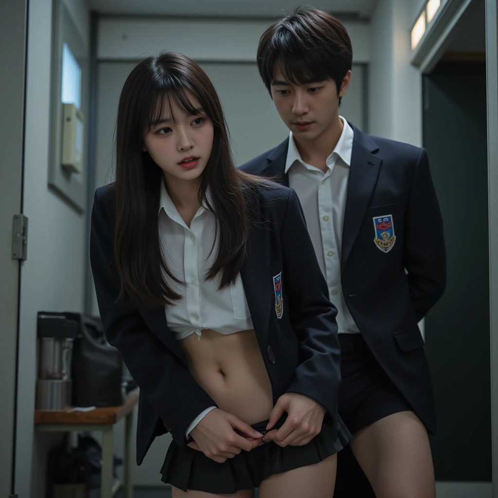 (cinematic lighting)、(RAW Photos、top-quality、​masterpiece:1.2)、(realisitic、Photorealsitic:1.4)、1girl in、18-year-old Japan schoolgirl idol、((Watch the viewer with a troubled expression，Shameful face、Childish girl's face with lingering taste))、(((Girl in pink cardigan and navy blue pleated microskirt)))、(White High Socks)、(((((Lie on your back on the park stairs at night、Keep your legs wide open to the limit)))))、(((((Roll up a navy blue pleated miniskirt、Exposing the entire white panties，Show off white panties to viewers，When you open your legs, You can see the shape of the crotch.)))))、(((Large breasts are revealed)))、de pele branca、shinny skin、Realistic skin feeling、Beautiful expression、kawaii faces、big eye、Black eyes、lofty nose、Dark hair、Straight long hair、Letting down your bangs、NSFW、((((Street lamps in the park glow、Dim Park，Wrap the entire screen in dim light、Dark moody light))))，(((((Gaze from below))))，(((Large close-up of panties in the center of the screen)))、(((((Anatomically correct fingers、Anatomically correct hand)))))、((((Man hugs girl in dark suit and tie))))