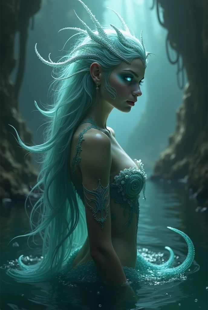 imagine a uhd/hd, highly detailed, full body photorealistic image of a stunningly beautiful succubus. She is levitating in Superman pose on top of a glowing stone in a beautiful lake full with beautiful Lotus, goldfishes and turquoise_blue_water. Her face is drawn extremely detailed with all her facial features symmetrical. Her eyes and pouting lips are intricately drawn full of seductive expression. She has intricately carved horn and a long tail, both decorated with golden embroidery and glowing stones. She has colourful glowing tattoos on her belly. She has a deep sexy navel.Her skin is drawn ultra realistic with lot of detail like a closeup photo. Her hair is very long and shiny, adorned with intricate jewellery. Her feets are decorated with beautiful colourful tattoos.