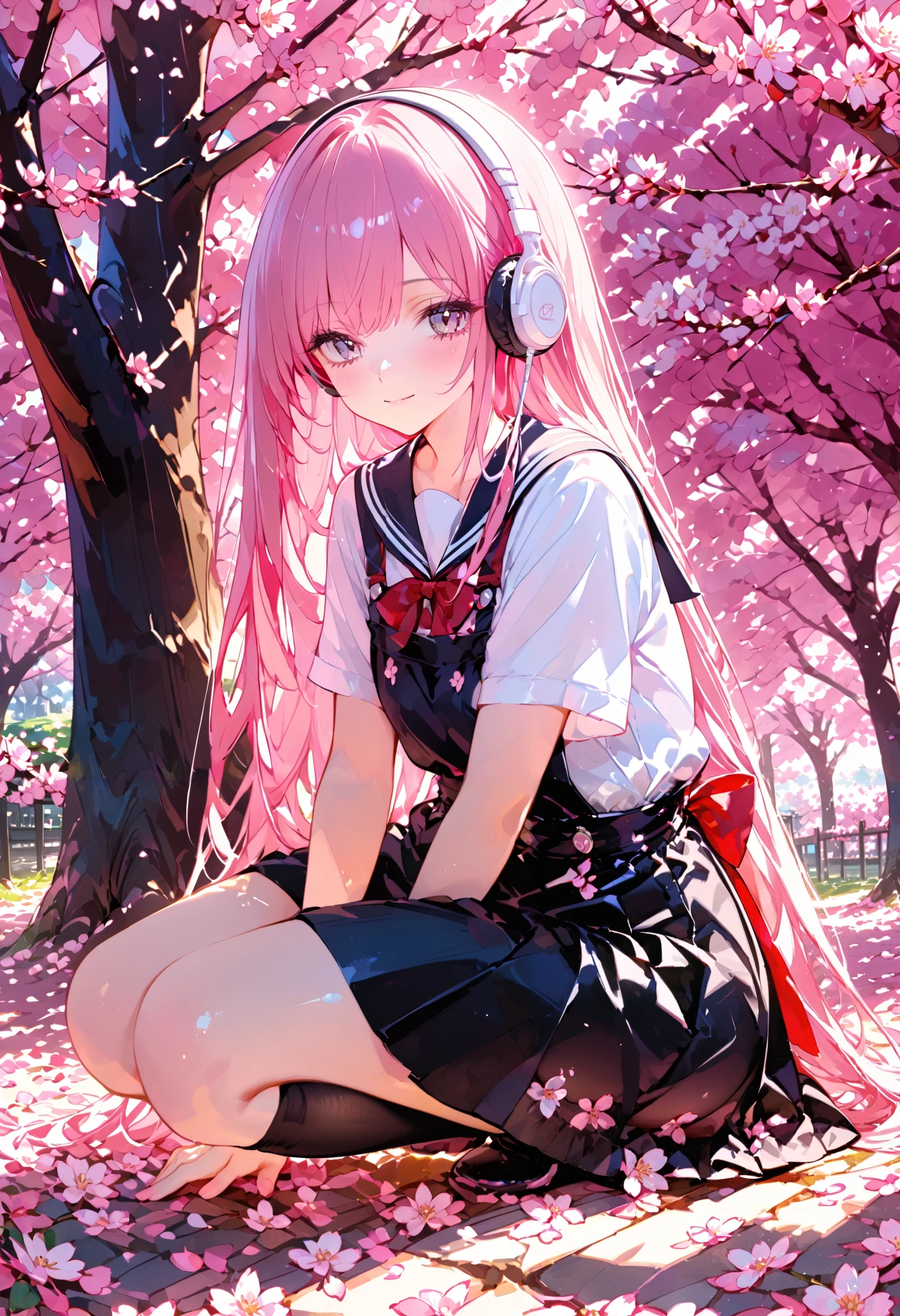 long haired girl , Wearing Pink, The overall playfulness and young々look of sitting in a crouched position, Headphones sitting in a squatting position. sailor style top with red ribbon accents and a black skirt {x} She's surrounded by a beautiful outdoor environment of blooming cherry blossoms Blossom Tree, Decorated withたヘアバンド. sunlight filtering through the trees, Soft Cast, Warm Light, creating a serene and dreamy atmosphere. She's wearing black socks with white socks, Decorated with、Delicate pink petals scattered on the ground.