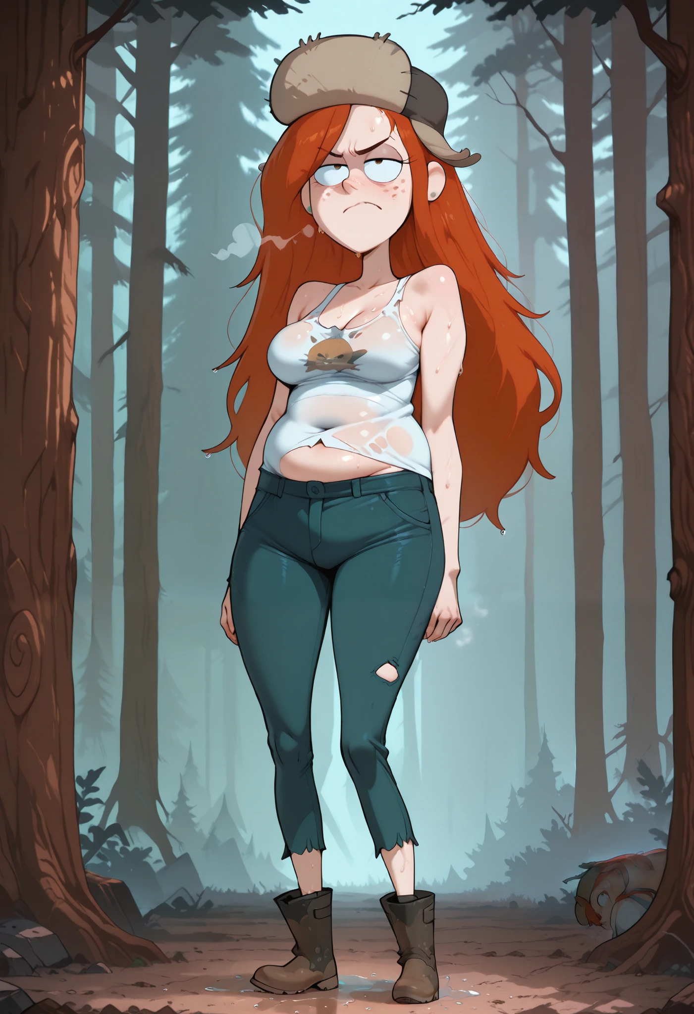 wendy, long hair, fur hat, 1girl, orange hair, solo, freckles, earrings,, torn clothes, tank top, pants, jacket around waist,, clothes around waist tight jeans, deep navel, belly folds, love handles, boots,, long hair, fat prominent neck, (gained put on weight:1.2), plump body, (bottom heavy), nervous emotions, (standing in a dark pine forest), plump arms, (legs wide apart) , (midriff peek), SweatyStyle, (long legs), belly overhang , (sweaty, out of breath, panting), looking at viewer, (scowling at viewer), (breast silhouette)
