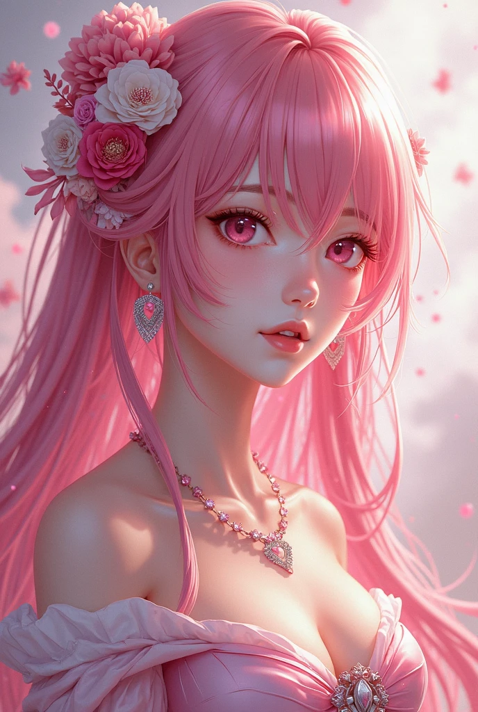 (masterpiece, best quality), 1girl, Salmon pink French Twist with Hair Comb, Sizes I to L breasts, <lora:rose:1> rose, red flower, ,petals, rose petals,