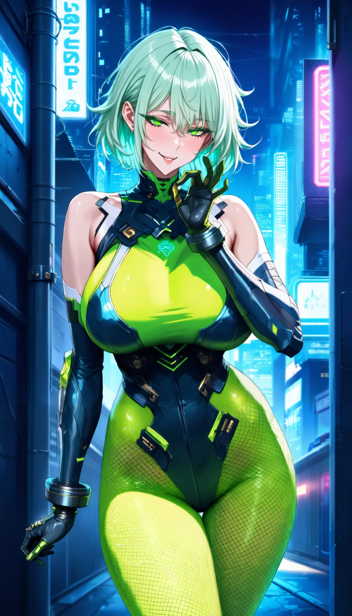 Cyberpunk city background, A woman with a perfect body, Wearing a sleeveless green leather bodysuit biological armor(Fishnet legs), There is this green fluorescent pattern on the tights, She stood in a narrow alley, Hands wearing green short Metal gloves,Fellatio gesture, (Light green Hair, Short hair, Messy Hair), Huge breasts, torogao, seductive smile, at night, Dim neon lights, UHD, masterpiece, anatomically correct, textured skin, super detail, best quality, highres, 16k, 1080P, Cowboy shot
