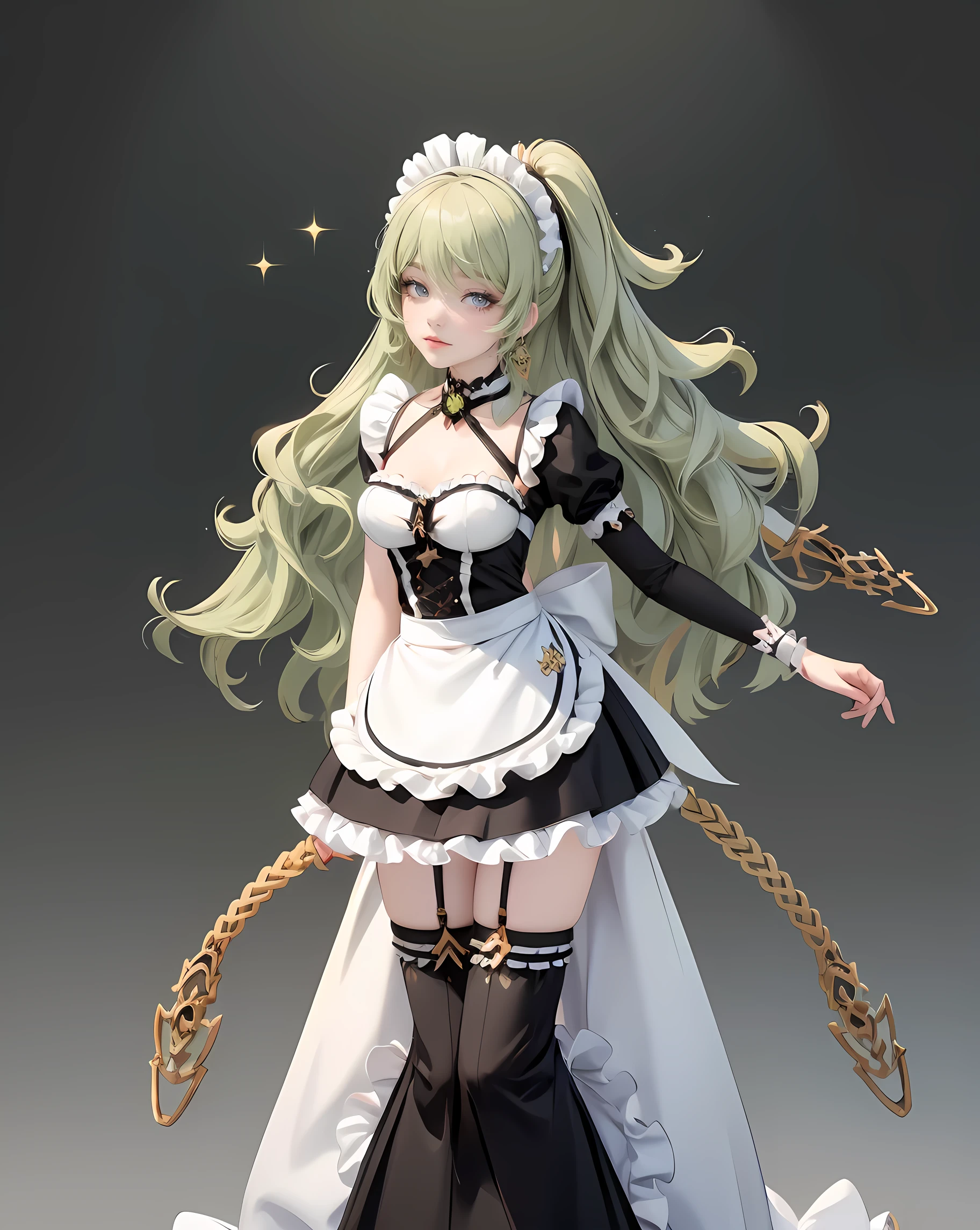 1girl, green hair, harness, black dress, solo, ponytail, ahoge, symmetrical gloves, harness, maid dress, collarbone, garter on the legs, stand up, white apron, maid dress, maid, streaked hair, thigh gap, harness, very long hair, solid background, maid uniform, full body, too many frills in her dress, magical girl, perfectly body, gold jewelry, harness, jewelry, Cute pose, beautiful ponytail, with big lips, freckles, glow eyes, long hair with long ponytail hair and bangs, perfect body, perfect hands, white boots, boots, frills, harness, maid uniform, maid dress, maid uniform, maid apron, garter on the legs, small skirt, lux dress, gold jewelry, solid background, best quality, blushing, maid uniform, maid headdress, maid dress with too many frills, ponytail, short skirt, sparkle, harness, centered girls, stand up, full body, glowing hair, magical girl, sparkles, more details on her clothes, golden details on her dress, harness, maid uniform