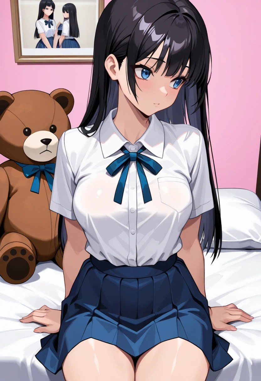 (masterpiece, ultra high definition, 16k, RAW photo, intricate), sharp focus, crisp details, 1girl , long hair, (glossy straight black hair, silky smooth straight hair), blue eyes, medium breasts, school uniform, white shirt, white collared shirt, blue neck ribbon, blue skirt, girl's room, The wall is pink, stuffed bear, white bed, sitting bed, arms at sides, (pantyshot, blue panties, cotton panties lace trim panties:0.5), looking aside, (cowboy shot), blur the background, simple background